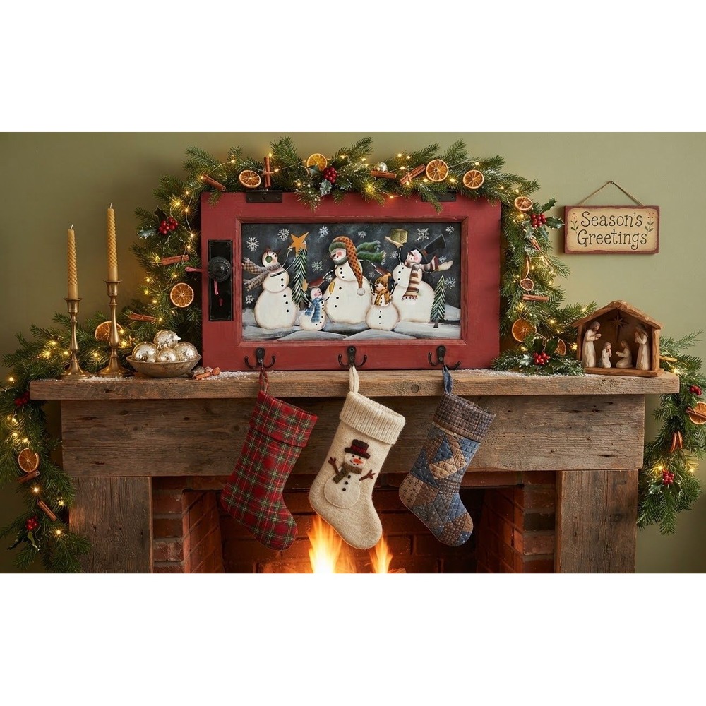 Rustic Wooden Snowman Family Wall Hanging Christmas Stocking Holder 3 Hook 24in